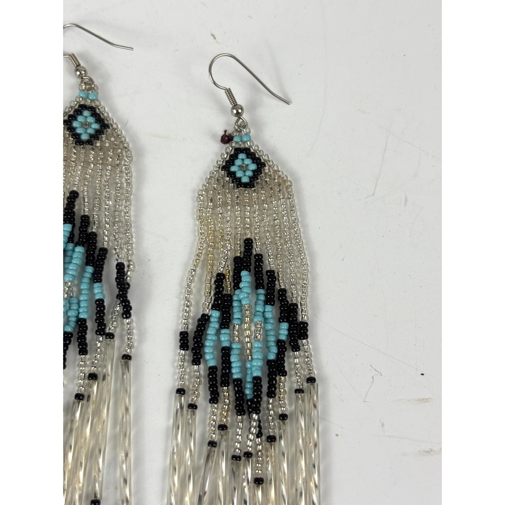 Vintage Beaded Fringe Statement Earrings Turquoise Black White Dangles Handmade - Picture 2 of 12